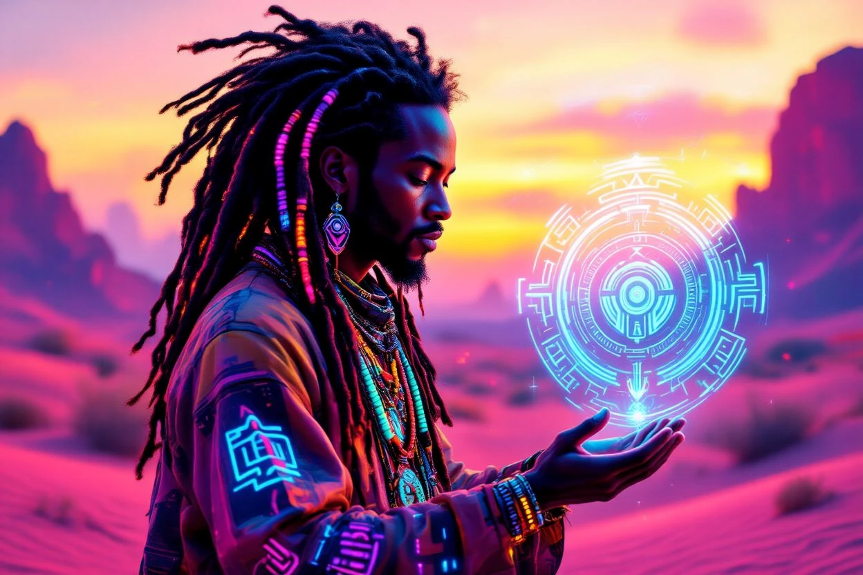 A cyber-shaman with glowing dreadlocks casting tribal glyphs. » Tengr.ai Blog A cyber-shaman with glowing dreadlocks casting tribal glyphs.