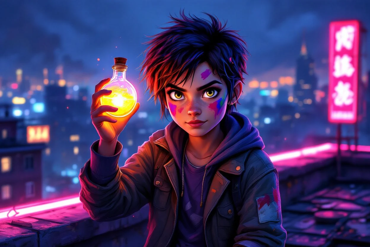 A young alchemist holding a glowing vial on a rooftop. » Tengr.ai Blog A young alchemist holding a glowing vial on a rooftop.