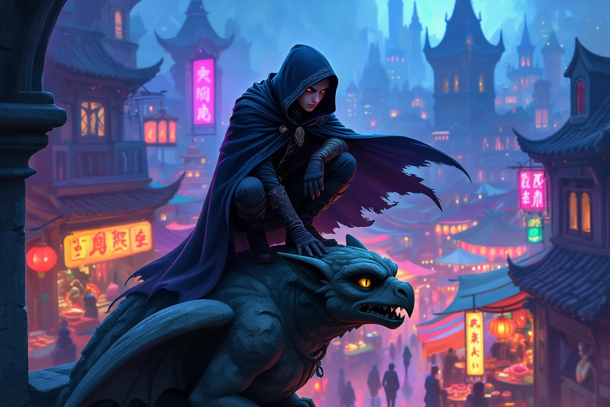 A thief crouching on a gargoyle in a neon marketplace. » Tengr.ai Blog A thief crouching on a gargoyle in a neon marketplace.