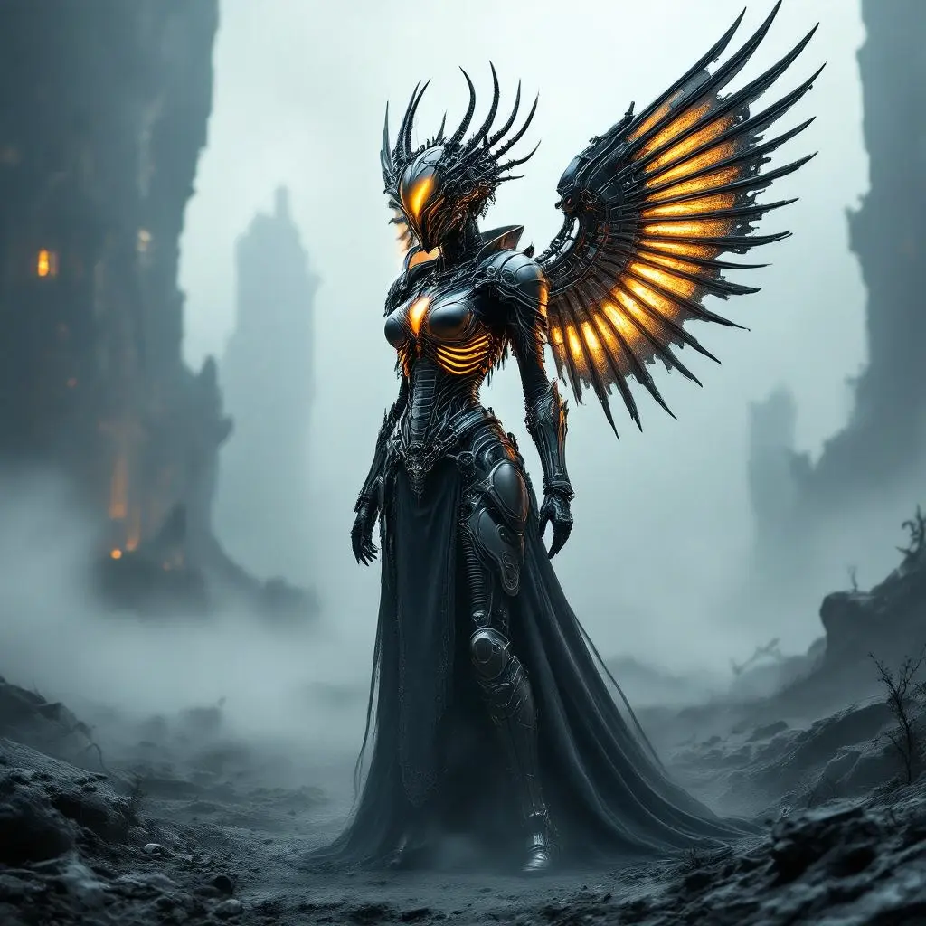 A biomechanical queen in rib-like armor in an alien wasteland. » Tengr.ai Blog A biomechanical queen in rib-like armor in an alien wasteland.