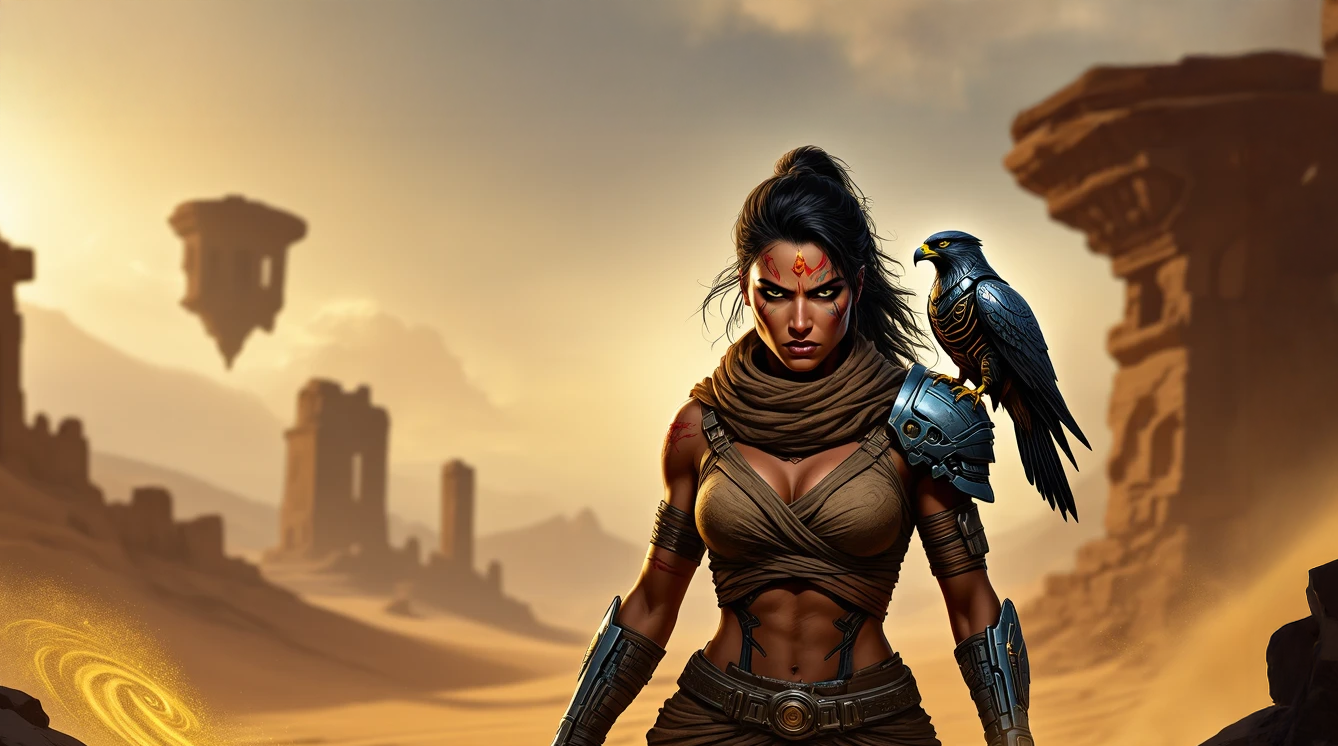 A fierce battle-worn desert warrior woman with a biomechanical falcon on her shoulder. » Tengr.ai Blog A fierce battle-worn desert warrior woman with a biomechanical falcon on her shoulder.