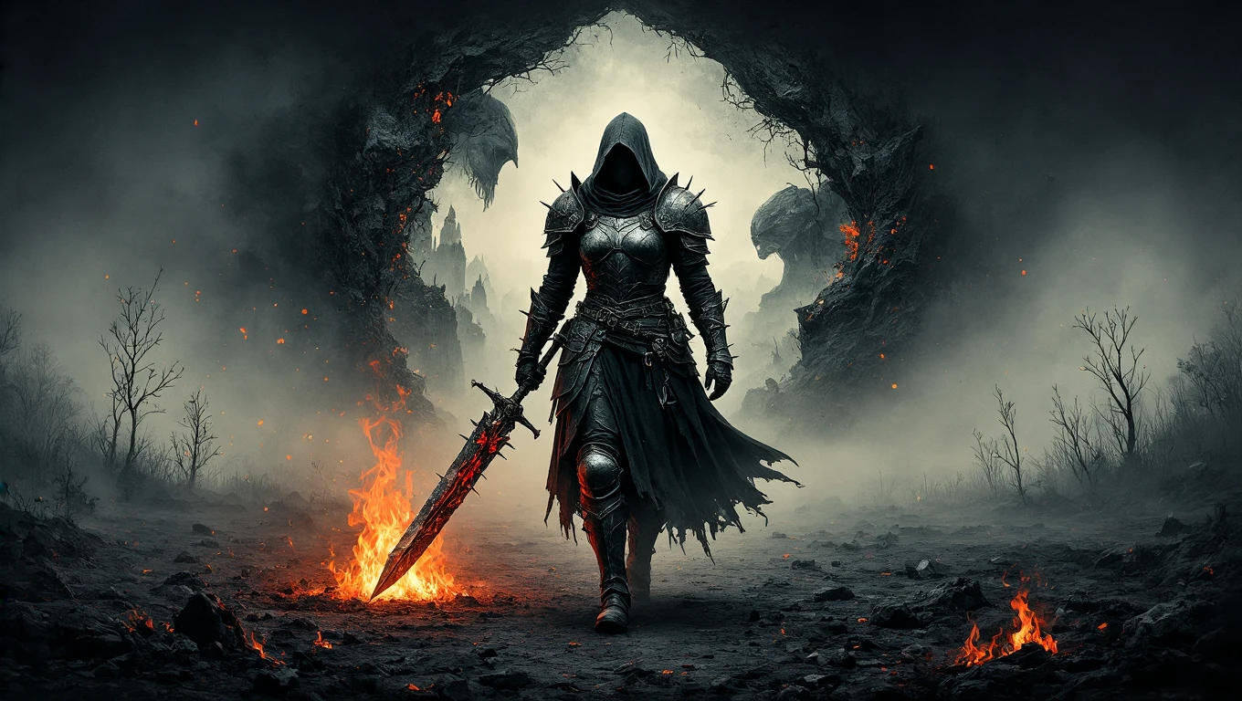 A witch knight walks through a burning wasteland. » Tengr.ai Blog A witch knight walks through a burning wasteland.