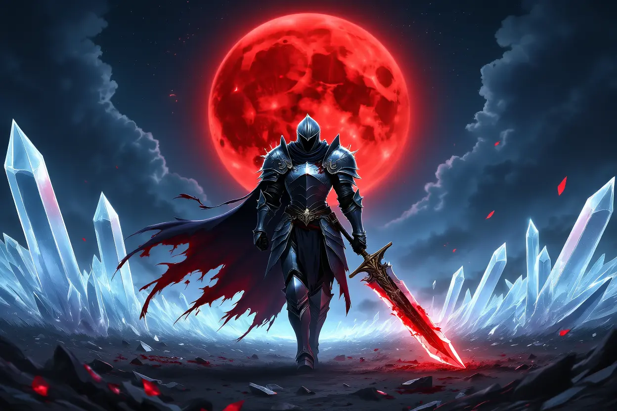 A masked knight walking across a battlefield of crystals under a blood-red moon. - example of Trending AI Art Styles. » Tengr.ai Blog A masked knight walking across a battlefield of crystals under a blood-red moon. - example of Trending AI Art Styles.