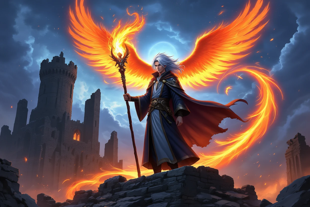 A silver-haired mage casting a flaming spell on a ruined citadel. » Tengr.ai Blog A silver-haired mage casting a flaming spell on a ruined citadel.