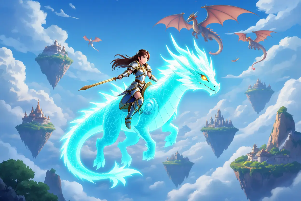 A fantasy warrior princess riding a glowing dragon over floating islands. » Tengr.ai Blog A fantasy warrior princess riding a glowing dragon over floating islands.