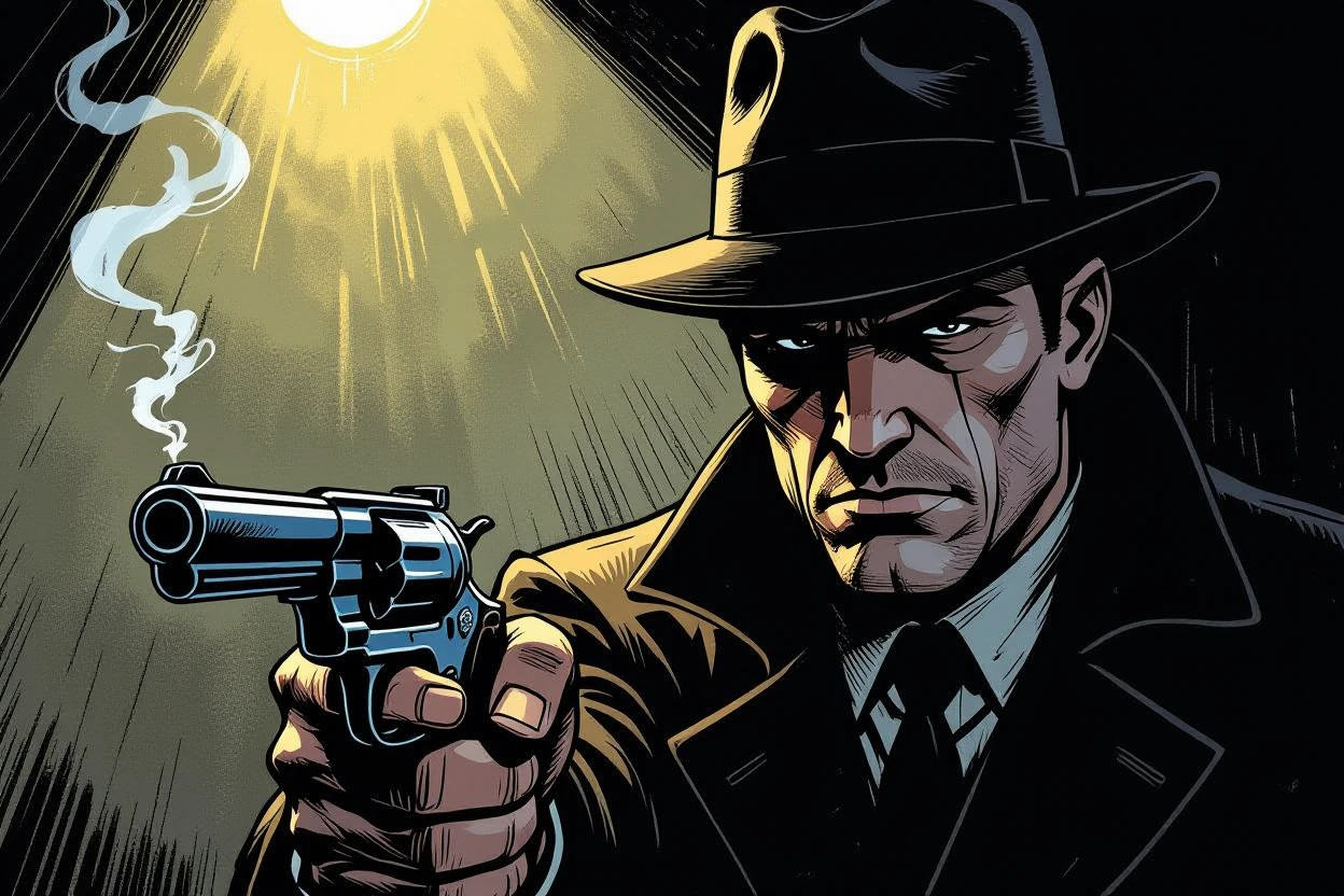 A detective holding a smoking revolver in Graphic Novel Noir style. » Tengr.ai Blog A detective holding a smoking revolver in Graphic Novel Noir style.
