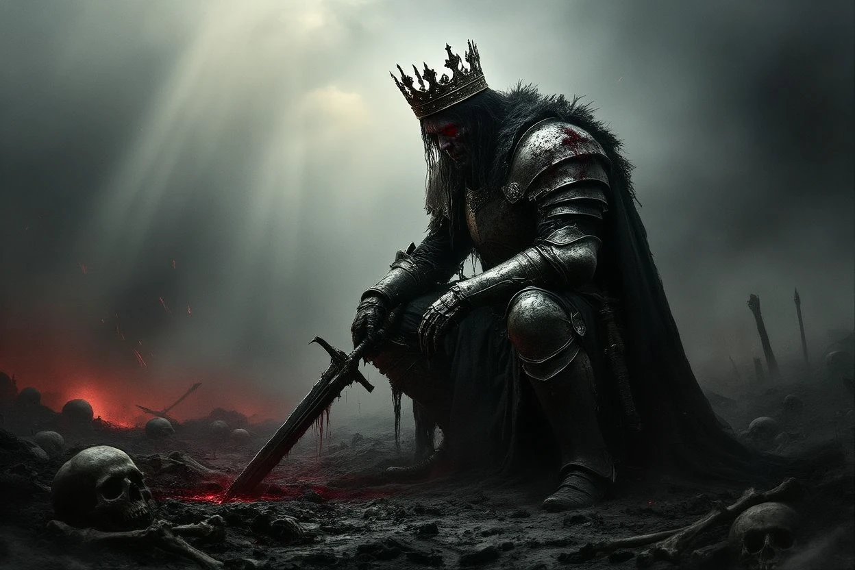 Example for trending AI art style: A cursed king with obsidian armor stands in a battlefield of ash and bones. - in the style of Grimdark. » Tengr.ai Blog Example for trending AI art style: A cursed king with obsidian armor stands in a battlefield of ash and bones. - in the style of Grimdark.