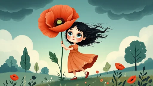 Illustrated scene of a tiny girl gripping a giant poppy stem in the wind.