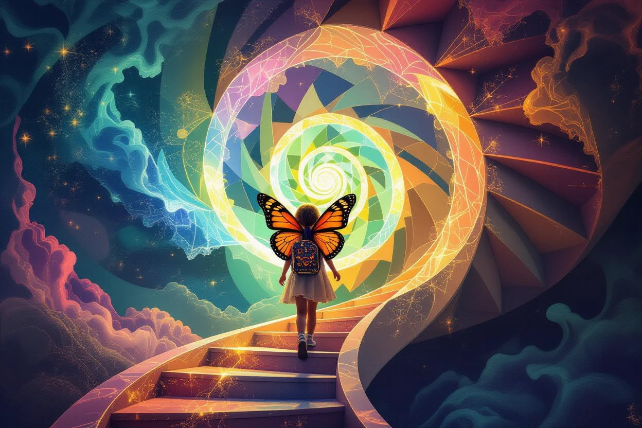 A child with butterfly wings walking a glowing spiral staircase. » Tengr.ai Blog A child with butterfly wings walking a glowing spiral staircase.