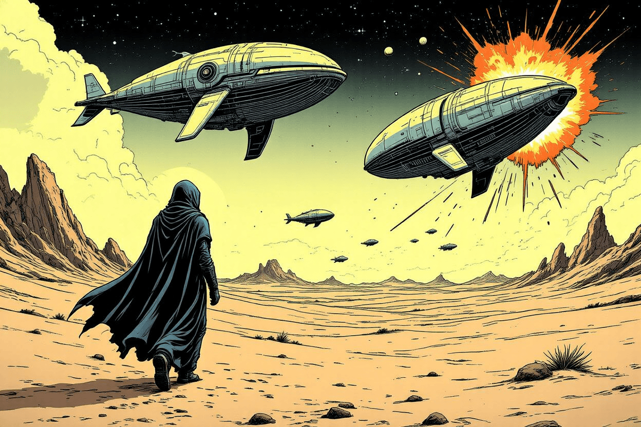 A cloaked traveler with floating whales on a desert planet. » Tengr.ai Blog A cloaked traveler with floating whales on a desert planet.