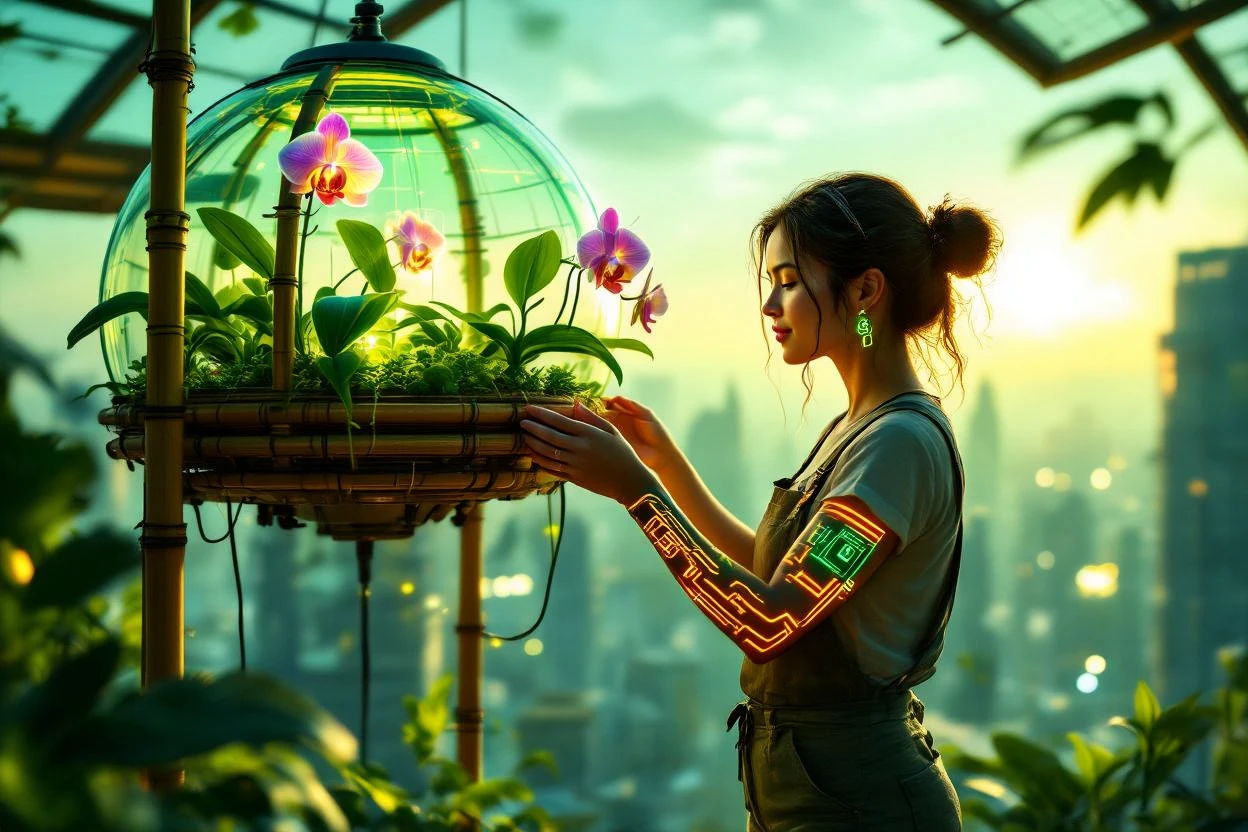 A serene gardener tending floating orchids atop a bamboo skyscraper. » Tengr.ai Blog A serene gardener tending floating orchids atop a bamboo skyscraper.