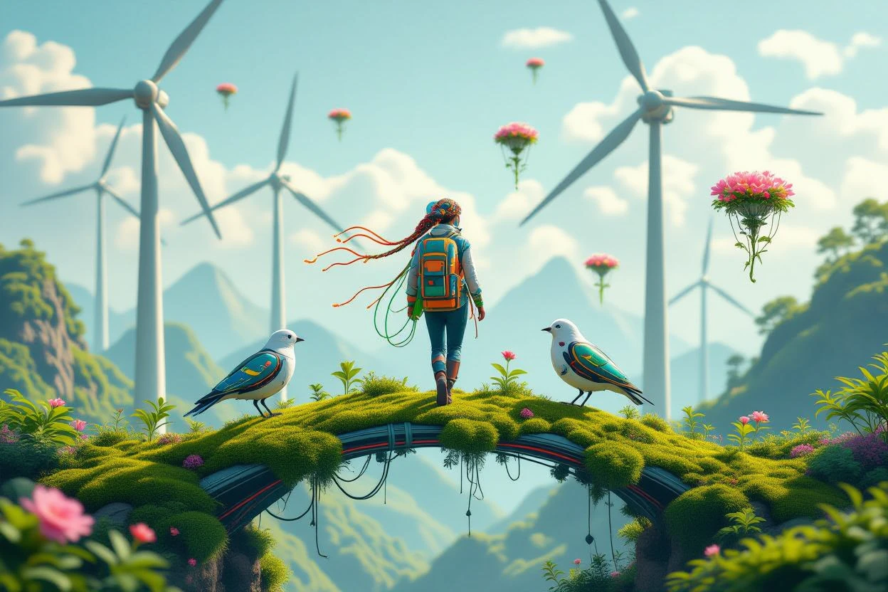 A joyful engineer walking a moss-covered bridge between turbines. » Tengr.ai Blog A joyful engineer walking a moss-covered bridge between turbines.