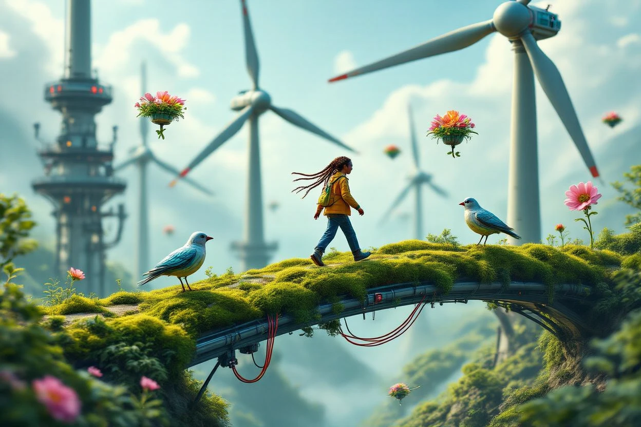 A joyful engineer walking a moss-covered bridge between turbines. » Tengr.ai Blog A joyful engineer walking a moss-covered bridge between turbines.