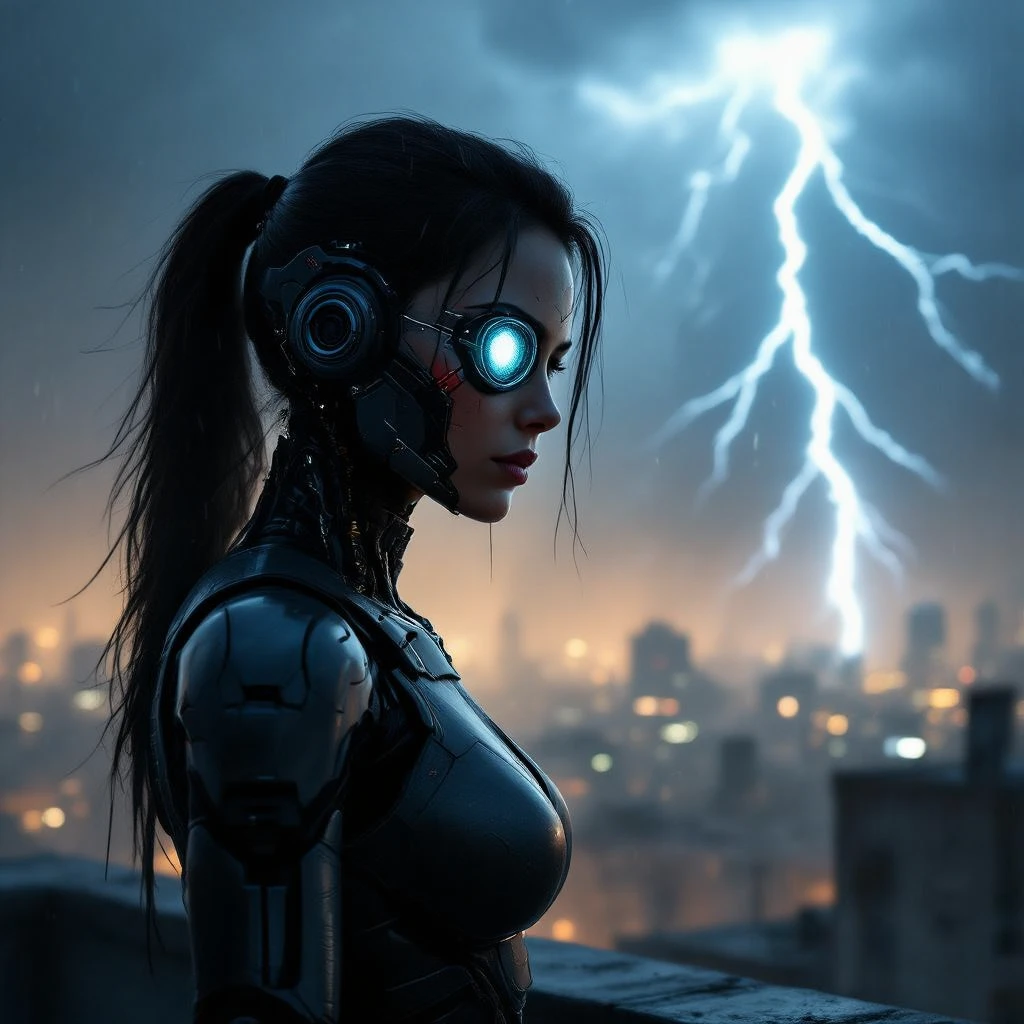 A female android staring into an electric storm from a rooftop. » Tengr.ai Blog A female android staring into an electric storm from a rooftop.