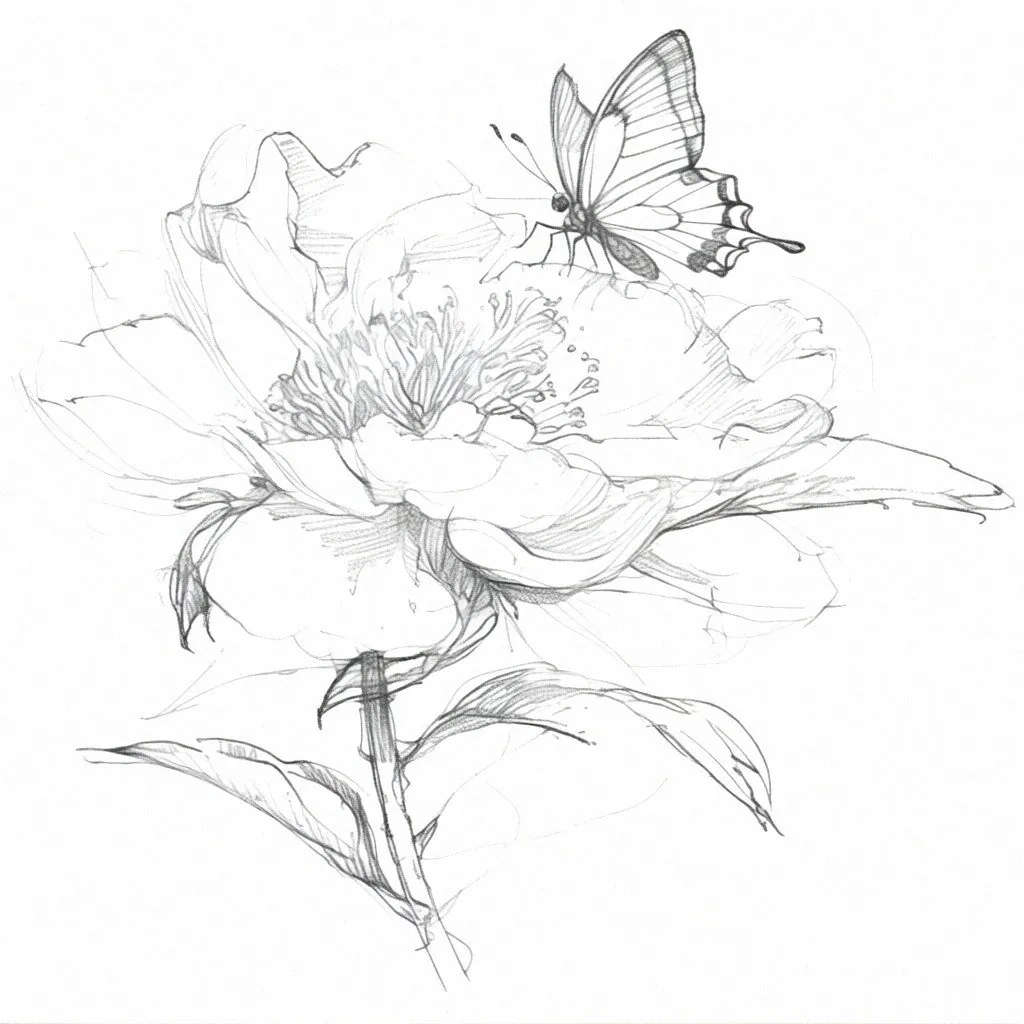 Pencil sketch of a flower with a butterfly