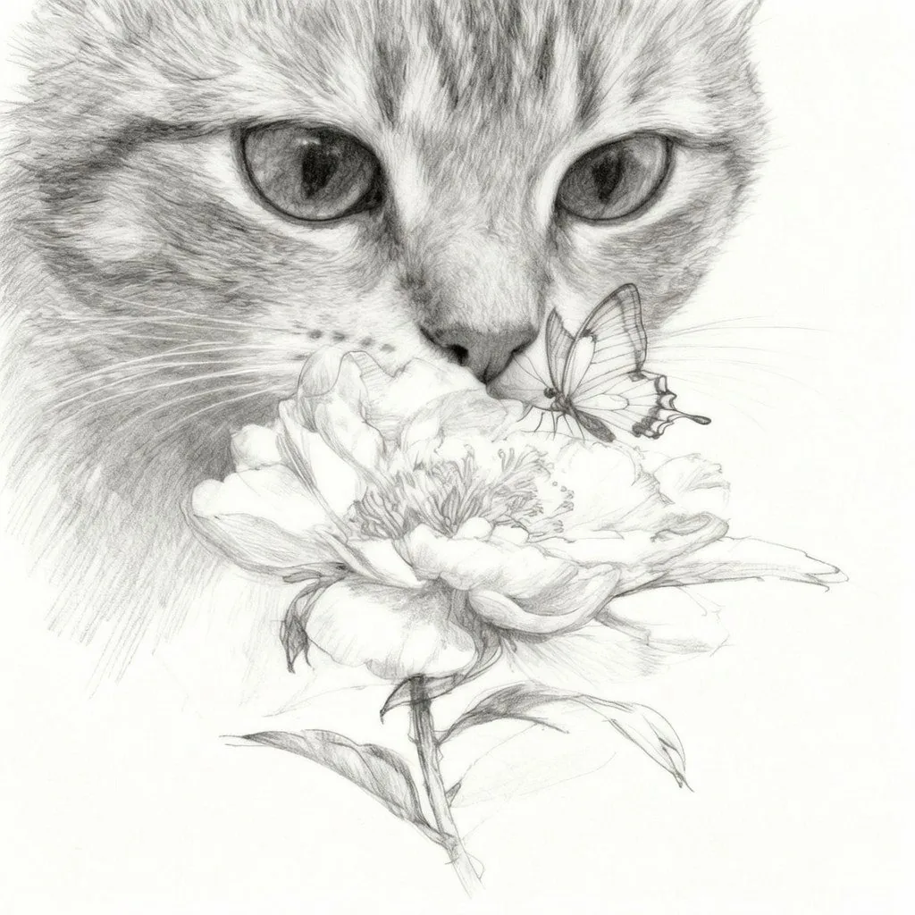The same sketch with a cat's face added behind the flower