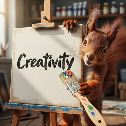 Squirrel behind a canvas reading Creativity, generated by Flux 2 Flex