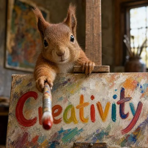 Squirrel behind a canvas reading Creativity, generated by GPT Image 2