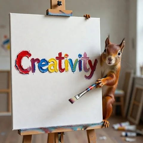 Squirrel behind a canvas reading Creativity, generated by Grok Imagine