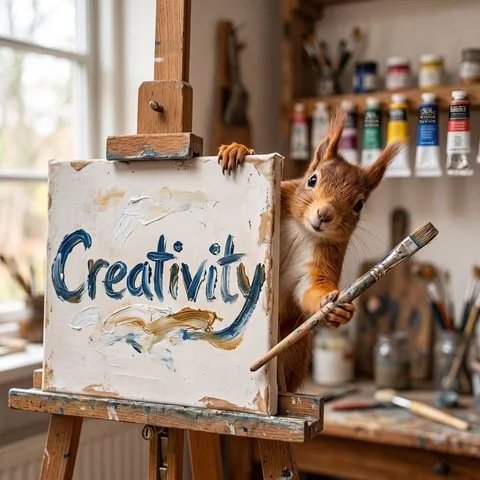 Squirrel behind a canvas reading Creativity, generated by Nanobanana 2