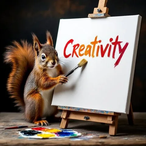Squirrel beside an easel painting the word Creativity, generated by Quantum