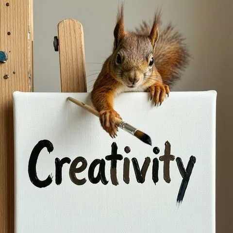 Squirrel leaning over a canvas reading Creativity, generated by Wan 2.7