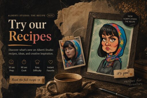 Alberti Studio Recipes blog cover: illustrated caricature portrait next to the original photo
