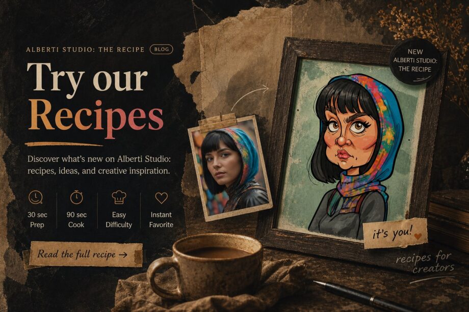 Alberti Studio Recipes blog cover: illustrated caricature portrait next to the original photo