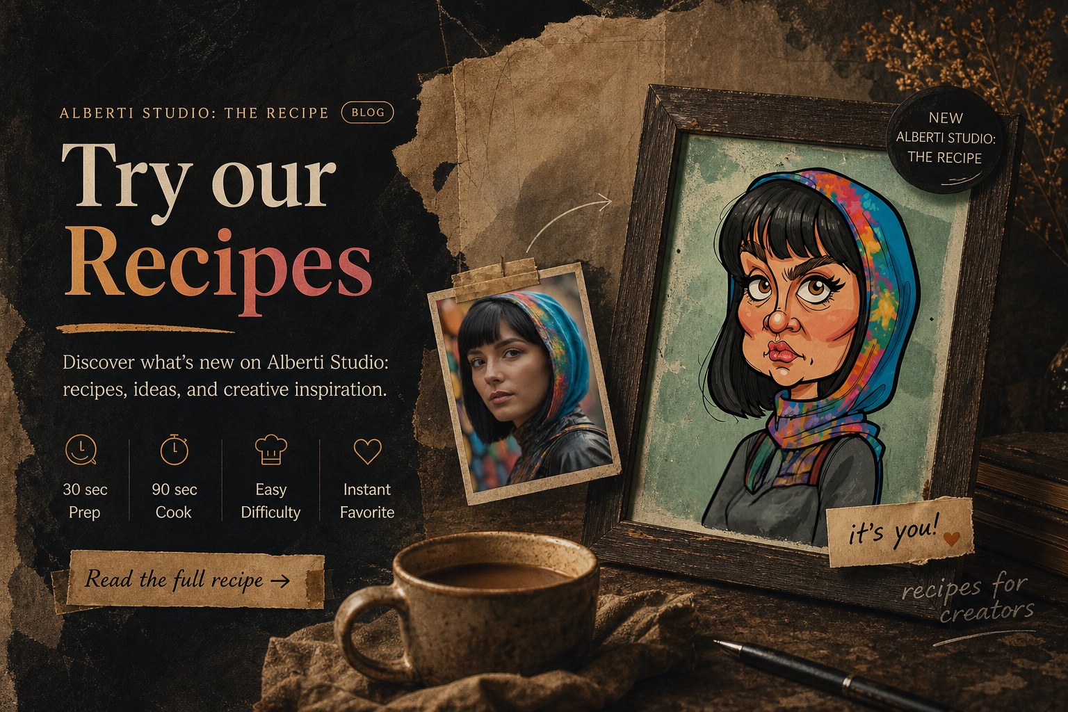 Alberti Studio Recipes blog cover: illustrated caricature portrait next to the original photo