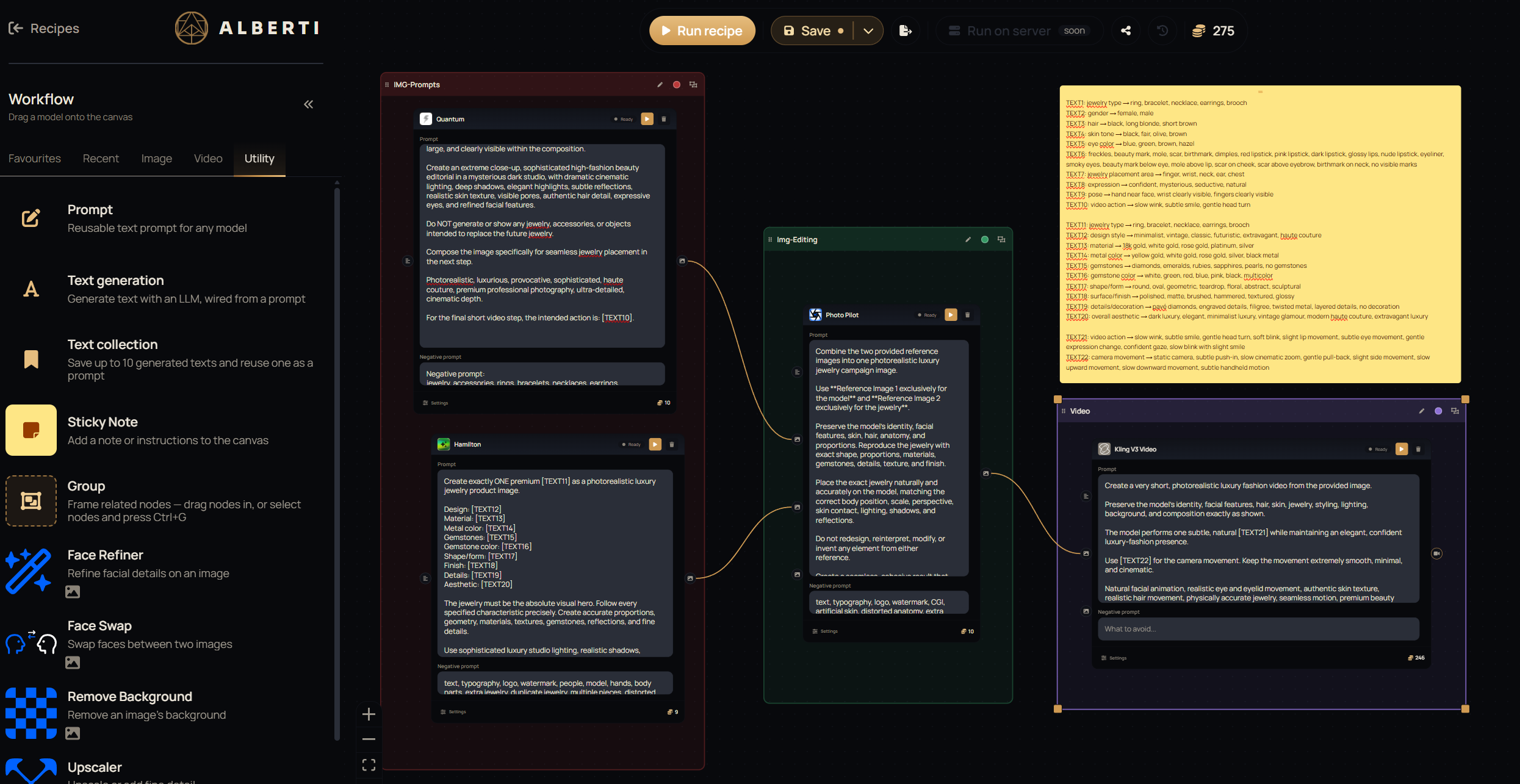 A recipe organized into three named, color-coded groups: IMG-Prompts, Img-Editing, and Video
