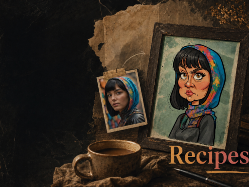 Framed caricature portrait next to a polaroid photo and a coffee cup, with the word "Recipes"