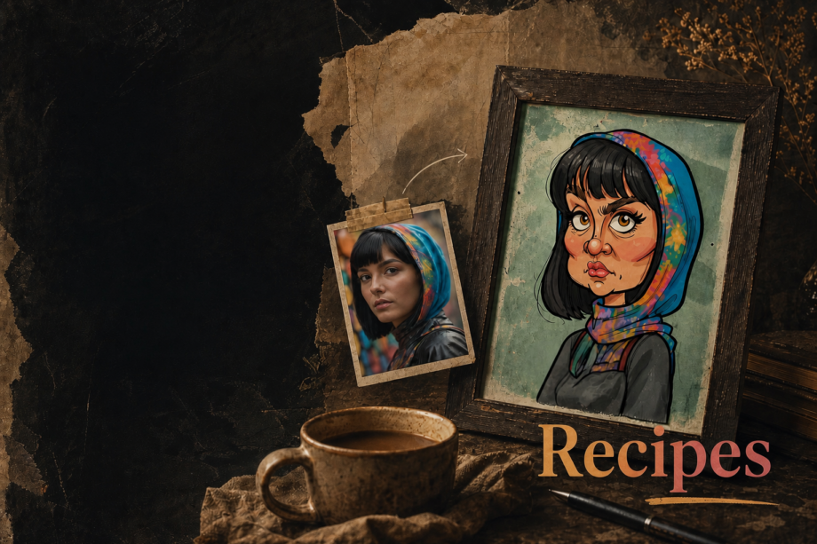 Framed caricature portrait next to a polaroid photo and a coffee cup, with the word "Recipes"