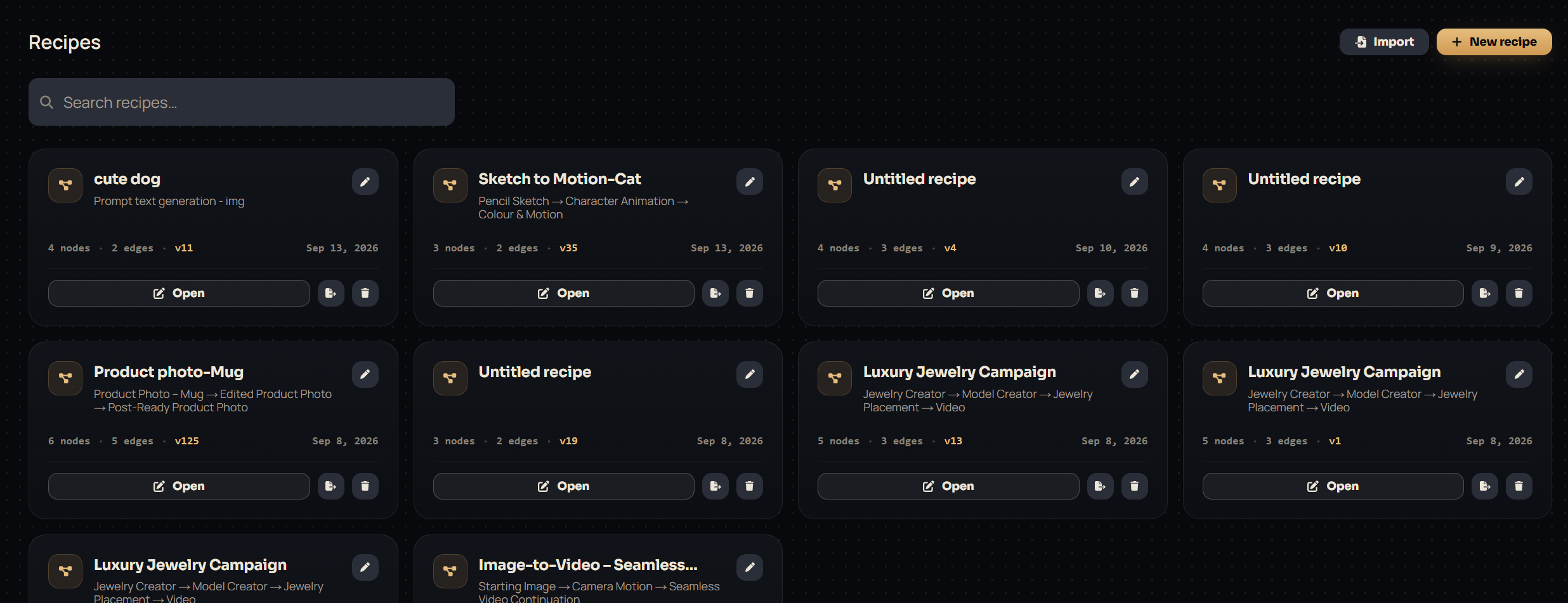 The Recipes library grid, showing saved recipe cards with pipeline summaries