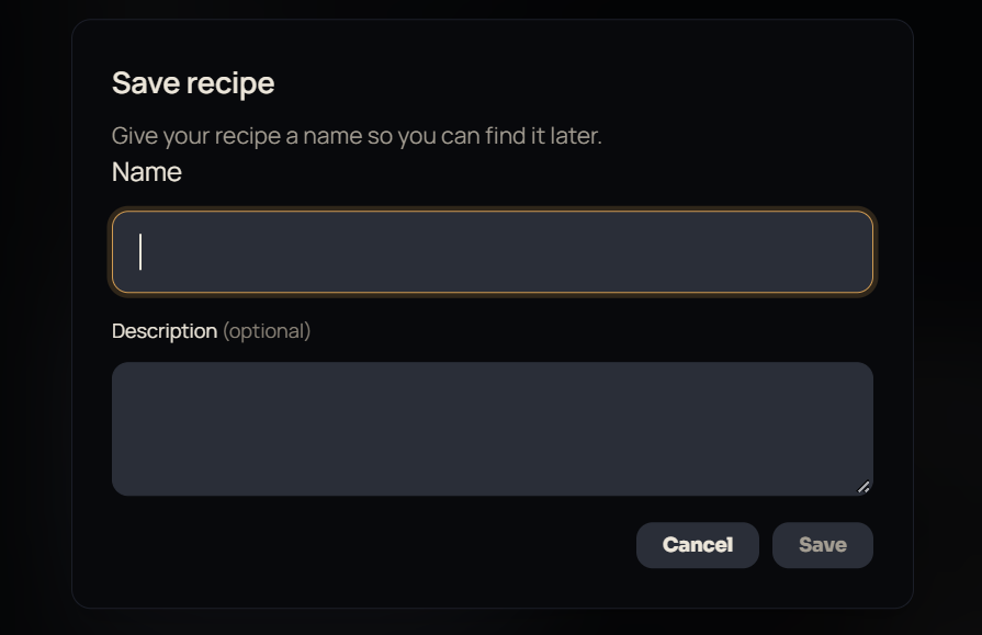 The Save recipe dialog, with Name and optional Description fields