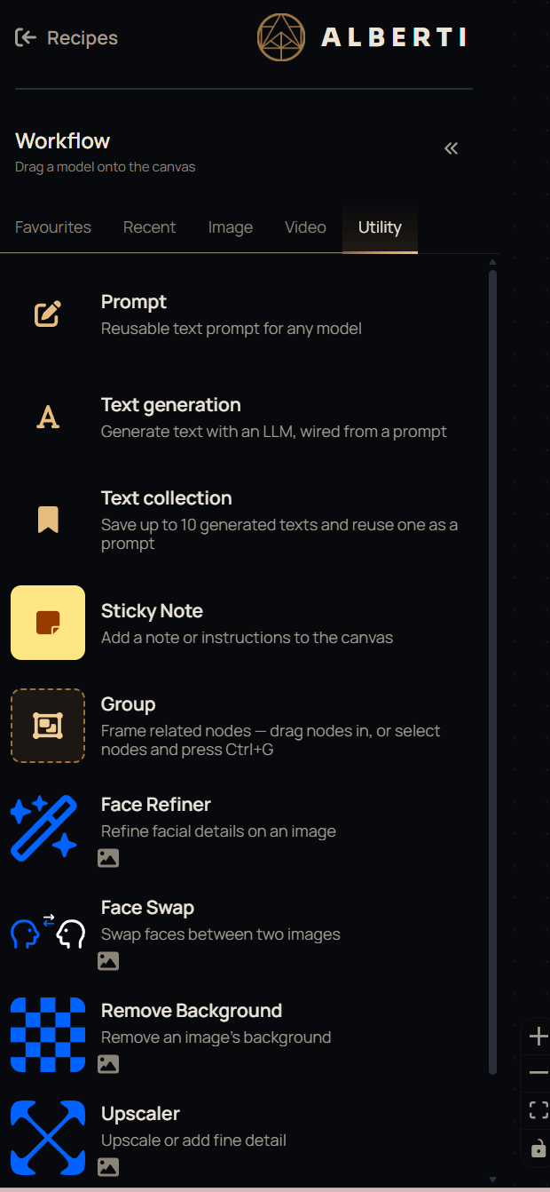 The Utility tab in the model library, showing Prompt, Text generation, Text collection, Sticky Note, and Group