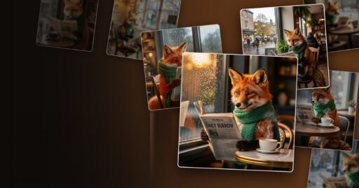 Eight versions of the same picture, a red fox in a green scarf reading a newspaper in a rainy café, each made by a different image model, under the title Same prompt. Different models.