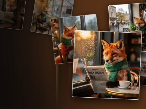 Eight versions of the same picture, a red fox in a green scarf reading a newspaper in a rainy café, each made by a different image model, under the title Same prompt. Different models.
