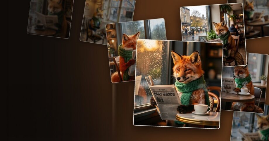 Eight versions of the same picture, a red fox in a green scarf reading a newspaper in a rainy café, each made by a different image model, under the title Same prompt. Different models.