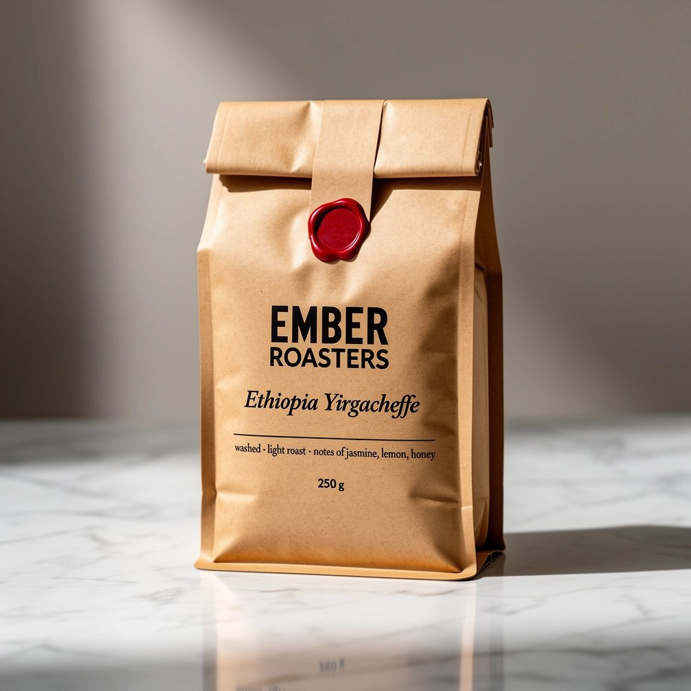 A kraft paper coffee bag on a marble counter with a black printed label reading Ember Roasters, Ethiopia Yirgacheffe, and small print tasting notes, sealed with red wax
