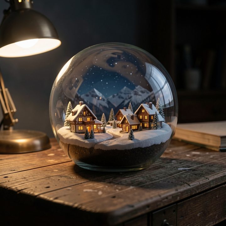 A glass globe terrarium on a wooden desk containing a snowy alpine village at night