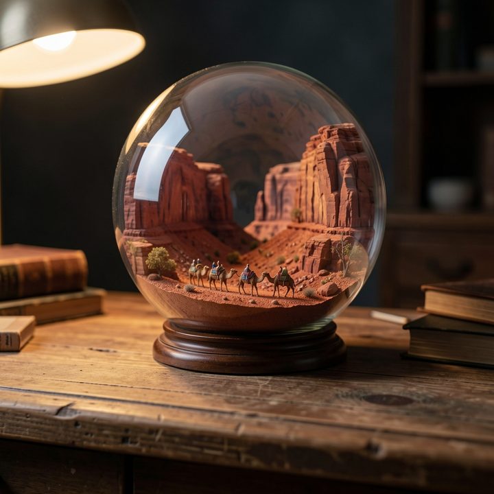 A glass globe terrarium on a wooden desk containing a red desert canyon with a camel caravan