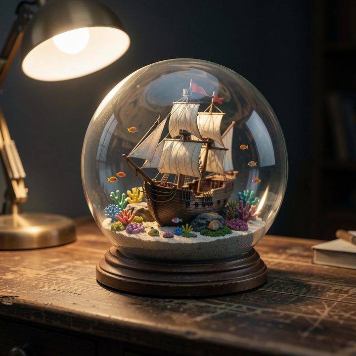 A glass globe terrarium on a wooden desk containing a sunken pirate ship on a coral reef