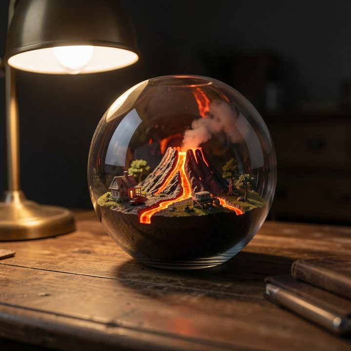 A glass globe terrarium on a wooden desk containing a volcano island with glowing lava rivers