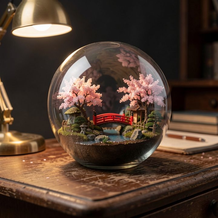 A glass globe terrarium on a wooden desk containing a Japanese garden with a red bridge and cherry blossoms
