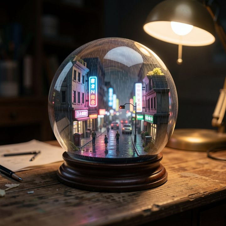 A glass globe terrarium on a wooden desk containing a neon-lit cyberpunk street in the rain