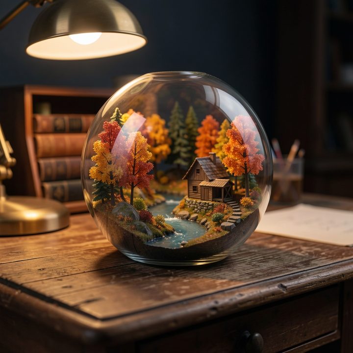 A glass globe terrarium on a wooden desk containing an autumn forest with a river and a wooden mill