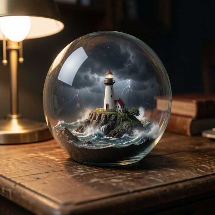 A glass globe terrarium on a wooden desk containing a lighthouse on a cliff in a storm