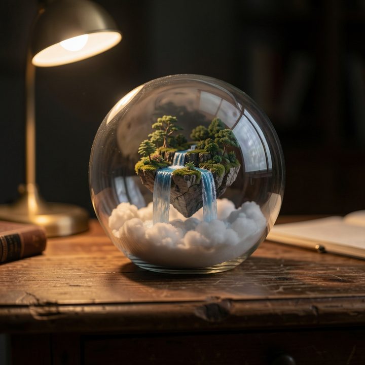 A glass globe terrarium on a wooden desk containing a floating island with waterfalls pouring into clouds