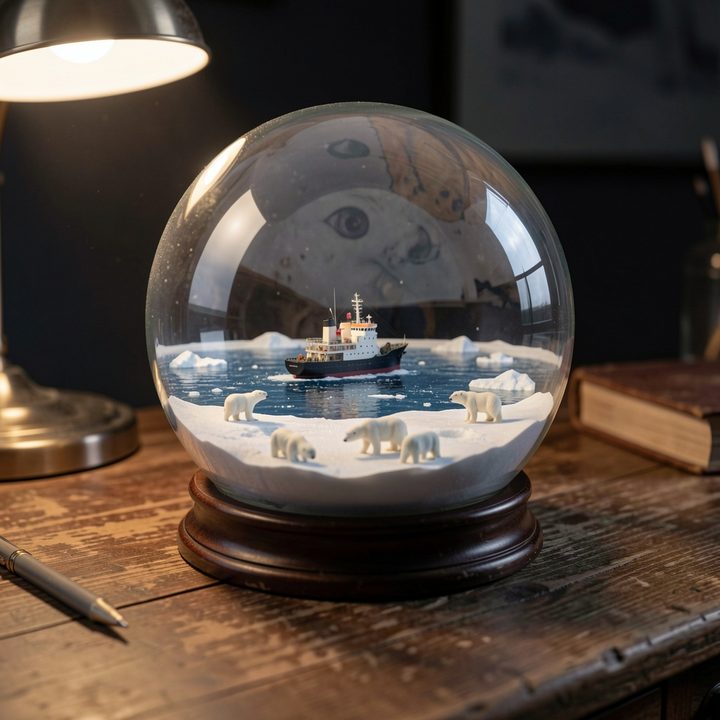 A glass globe terrarium on a wooden desk containing a frozen arctic sea with a research ship and polar bears