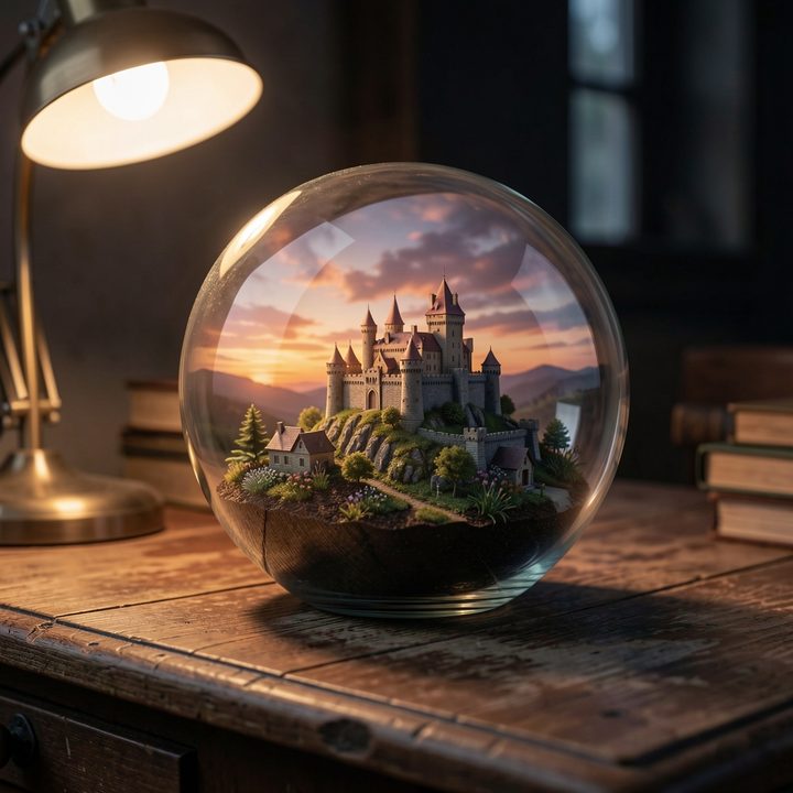 A glass globe terrarium on a wooden desk containing a medieval castle on a hill at sunset